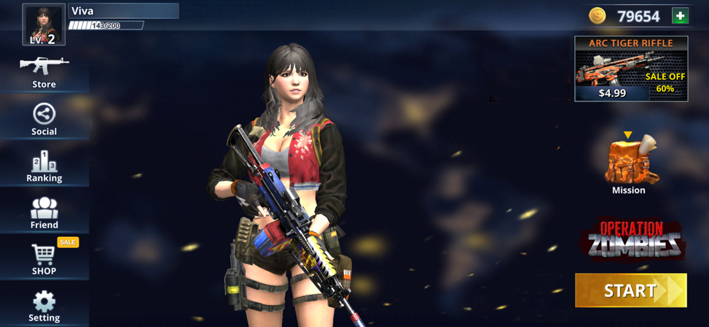 GO Strike game main menu featuring a female soldier character holding a customized rifle with tactical interface buttons