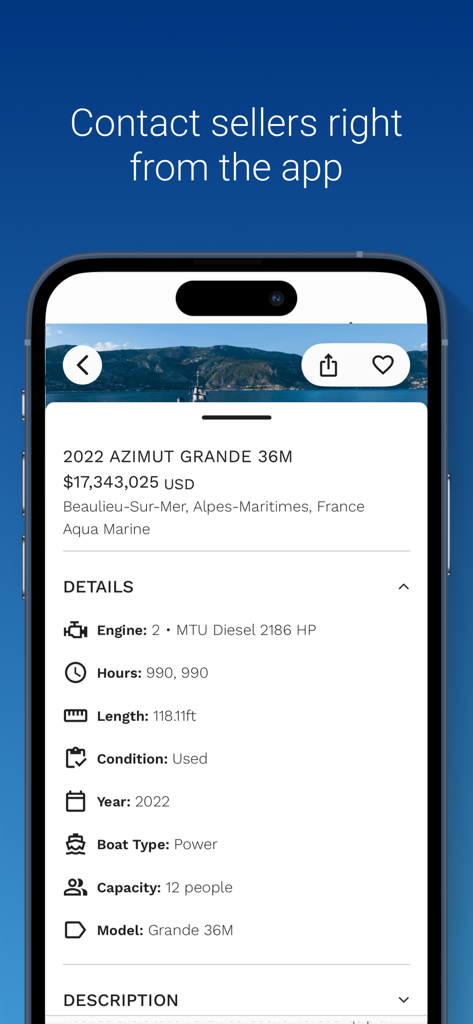 Annuncio dettagliato di yacht di lusso per un Azimut Grande 36M all'interno dell'app mobile YachtWorld