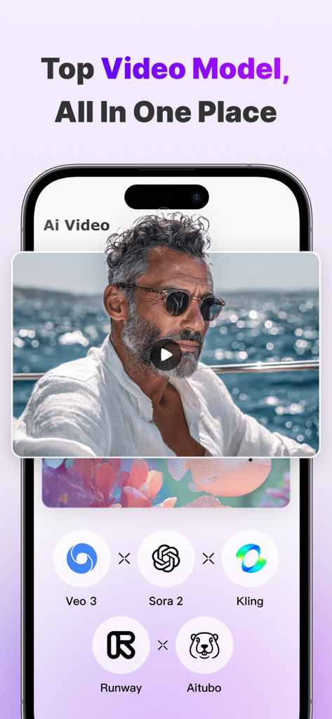 Aitubo: AI Video Generator - Smartphone screen showing Aitubo AI Video Generator interface with various video models including Sora and Runway