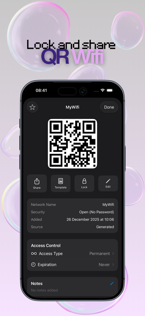 WiFi QR Code Generator app interface showing a generated QR code and network settings in dark mode.