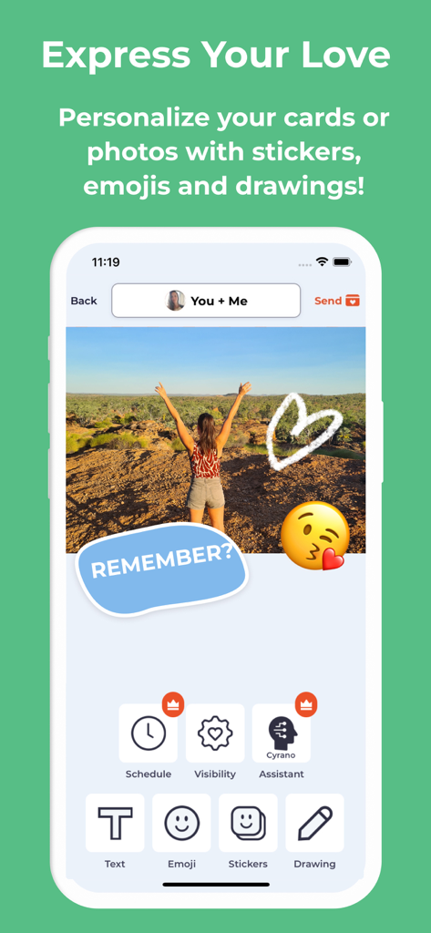 Loveboxアプリのインターフェースで、ステッカー、絵文字、描画で写真をパーソナライズするオプションが表示されています