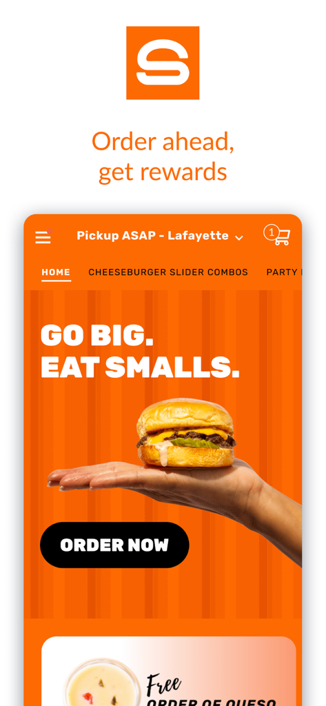 Smalls Sliders - Écran d'accueil de l'application mobile Smalls Sliders présentant la bannière Go Big Eat Smalls et les récompenses de commande anticipée