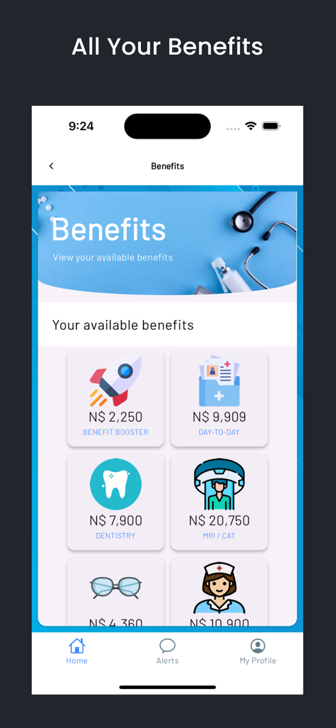 A mobile app screen displaying medical aid benefits for dentistry, MRI scans, and day to day coverage with their respective monetary limits