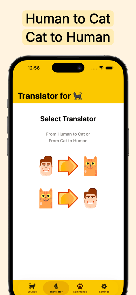Cat Translator for Cats - Interface of the Cat Translator app showing options to switch between human to cat and cat to human translation modes