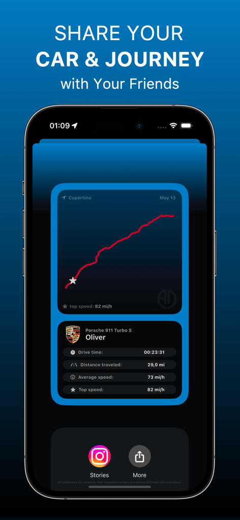 AudioDrive: Drive & Make Music - Pantalla de la aplicación AudioDrive que muestra estadísticas de conducción, incluido el mapa de la ruta y los detalles del coche con opciones para compartir en redes sociales