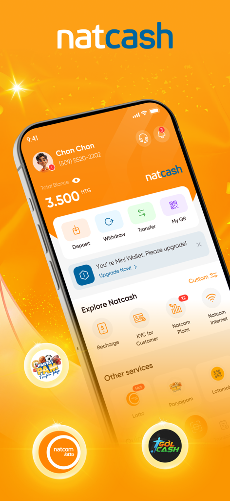 Dashboard of the Natcash app showing account balance and financial services for money transfers