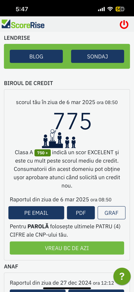 ScoreRise mobile app interface displaying a Romanian credit score of 775 with options to download reports from the Credit Bureau and ANAF