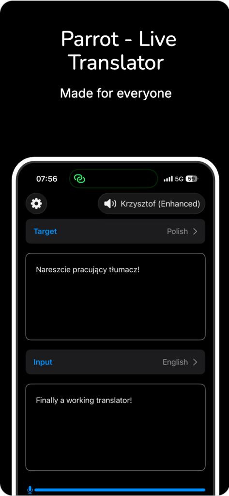 Parrot - Translator - Screenshot of Parrot Live Translator app translating English to Polish on an iPhone.