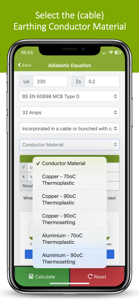Adiabatic Equation Calculator - Smartphone screen showing the conductor material selection menu in the Adiabatic Equation Calculator app