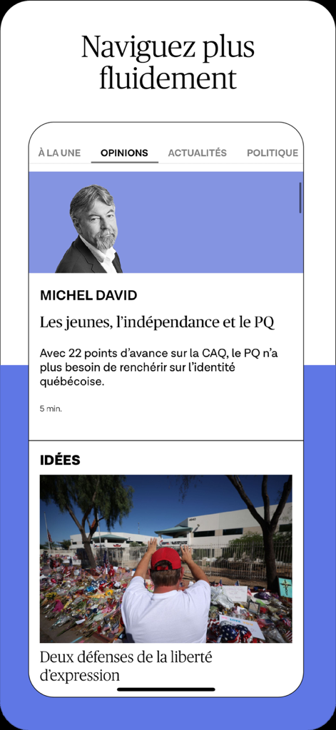 Interface da aplicação móvel Le Devoir a mostrar as secções de opiniões e ideias com um menu de navegação simples