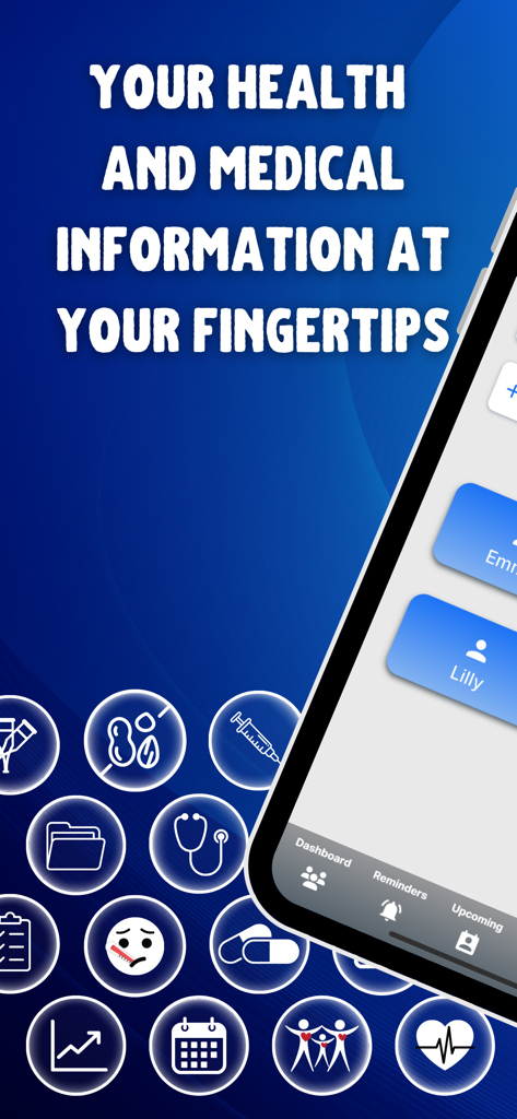 KeepTrackMed app interface showing family health profiles and medical tracking icons for records and appointments.