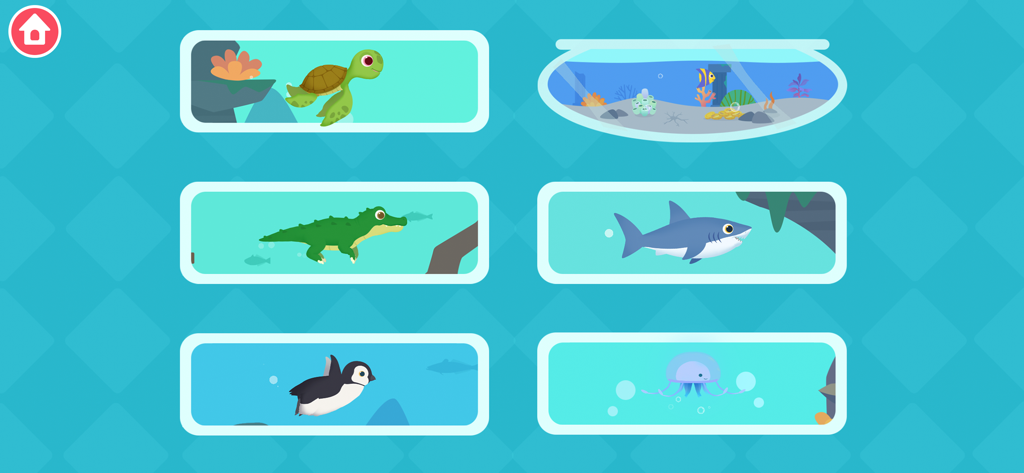 Animal Rescue: Sea Adventure - A selection screen from the Animal Rescue app featuring a sea turtle, crocodile, shark, penguin, and jellyfish.