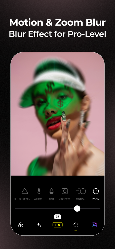 Interfaccia dell'app Visual LabX che mostra gli effetti motion e zoom blur applicati a un ritratto