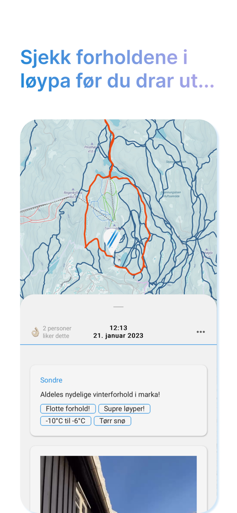 Preppa – Skiføre i Norge - Smartphone screen showing the Preppa app map with ski trail routes and user reports on snow conditions in Norway