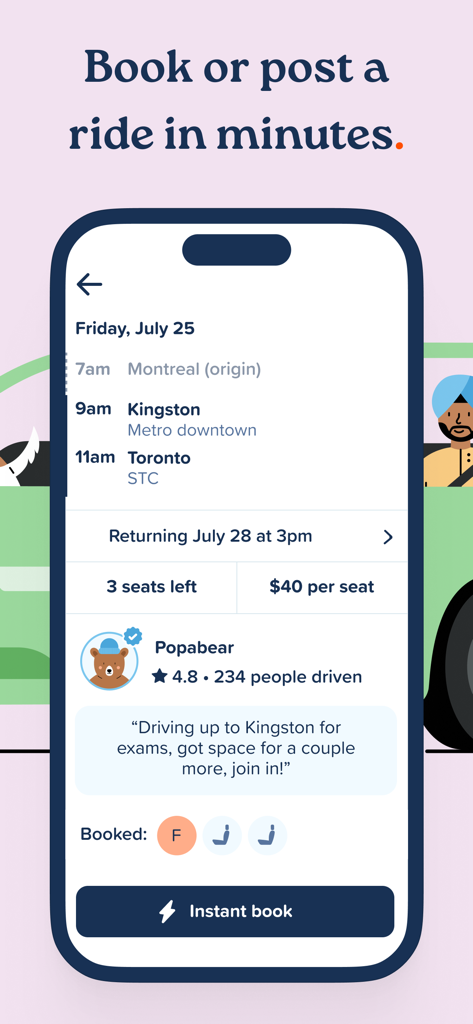Poparide - Pantalla de la aplicación móvil Poparide que muestra los detalles de un viaje de Montreal a Toronto, incluidas las valoraciones del conductor y el precio