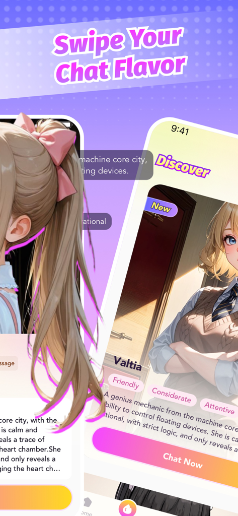 Sweets AI: Anime Chat Roleplay - A mobile app screen for Sweets AI titled Swipe Your Chat Flavor showing a character profile for Valtia with personality tags like Friendly and Considerate.