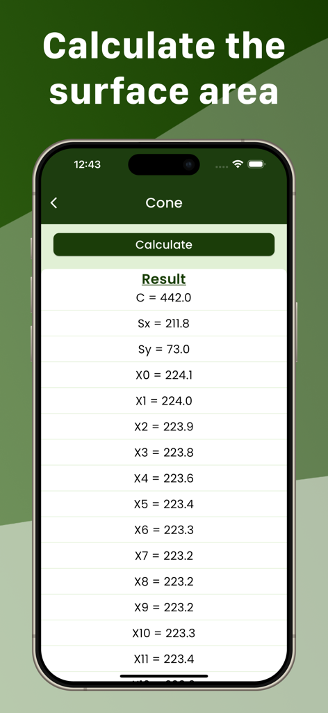 Bildschirm der Blech-Rechner-App, der geometrische Oberflächenergebnisse für eine Kegelberechnung anzeigt.