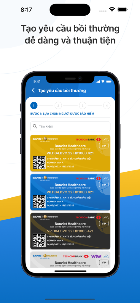 Baoviet Direct - Interface de l'application mobile Baoviet Direct montrant les cartes d'assurance santé numériques pour une gestion simplifiée des sinistres