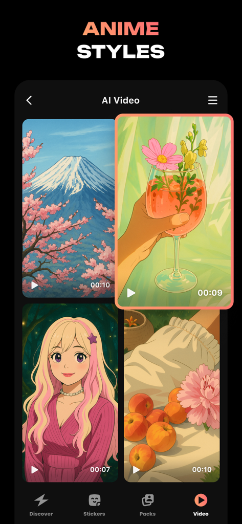 Hula AI: Photo & Video Creator - Hula AI app interface displaying a gallery of anime-styled AI video previews including landscapes and characters.