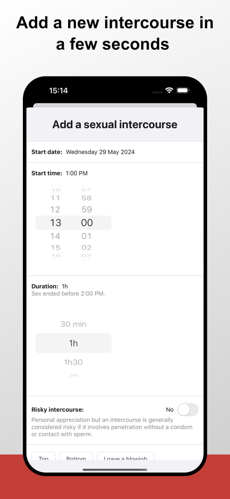 Interface for adding a sexual encounter in the My PrEP app including date and time selection