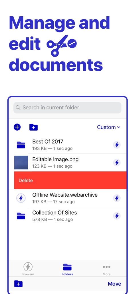Ecrã da aplicação Bolt Browser and Documents mostrando funcionalidades de gestão de ficheiros e edição de documentos