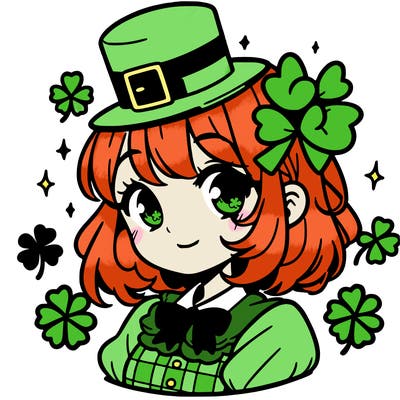 a manga-style girl with clovers around her, a little hat in her hair, like it's saint patrick's day