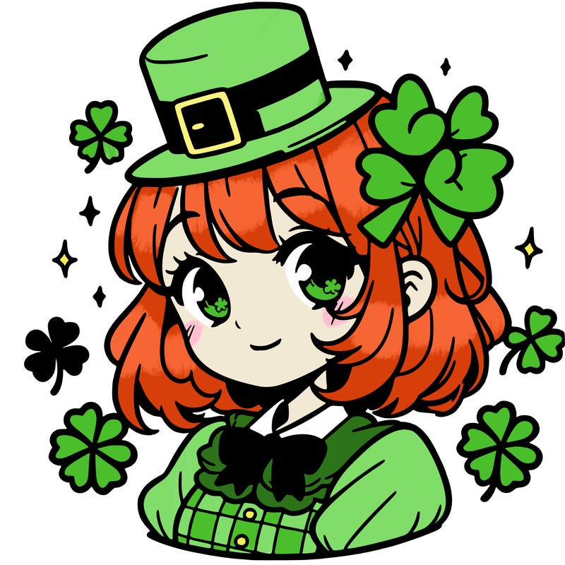 a manga-style girl with clovers around her, a little hat in her hair, like it's saint patrick's day