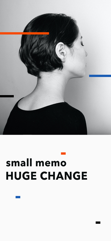 Blink - Quick Notes & Widget - 人物の横顔と「small memo HUGE CHANGE（小さなメモが大きな変化を）」というテキストが特徴的な、Blinkクイックメモのミニマリスト向けマーケティング画像