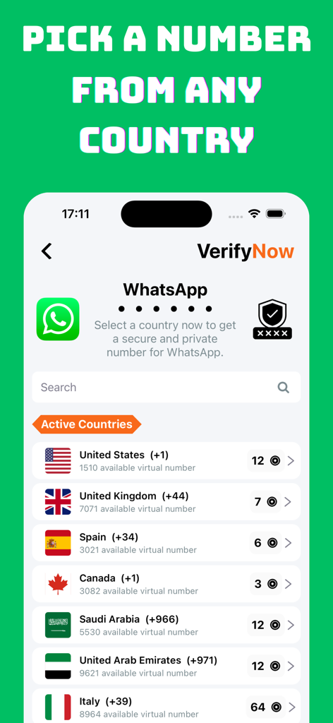 Virtual Number - Receive SMS - Écran de l'application montrant des numéros de téléphone virtuels de divers pays pour la vérification WhatsApp