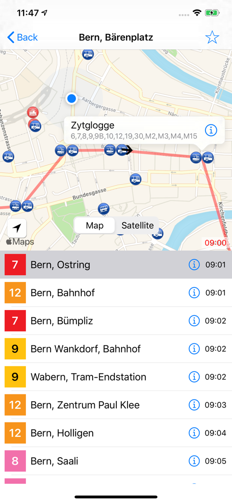 Swiss Public Transport App - Interface of the Swiss Public Transport App showing a map of Bern and upcoming tram departures