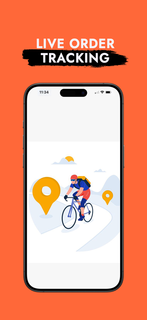 The Menu Hub - Uma tela de celular mostrando o recurso de rastreamento de pedidos ao vivo com uma ilustração de um entregador de bicicleta em um fundo laranja brilhante.