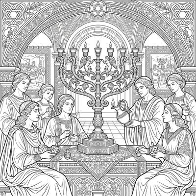 Discover a unique Hanukkah coloring page blending classical Renaissance artistry with festive Jewish traditions. Perfect for celebrating the Festival of Lights with a sophisticated touch.