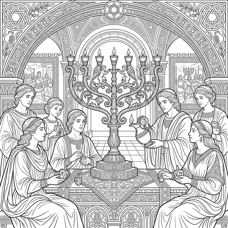 Discover a unique Hanukkah coloring page blending classical Renaissance artistry with festive Jewish traditions. Perfect for celebrating the Festival of Lights with a sophisticated touch.