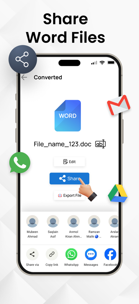 モバイルデバイスで変換されたWord文書の共有オプションを示すインターフェース。