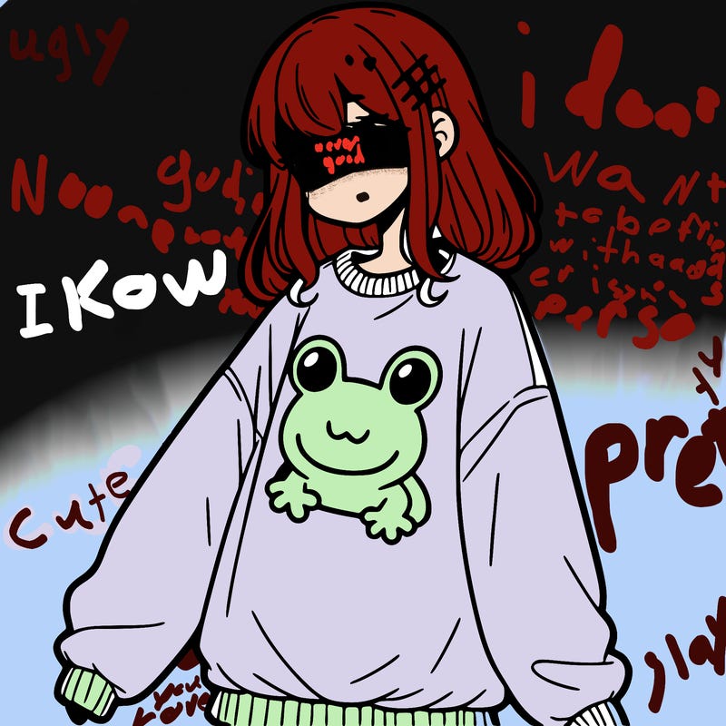 girl wearing frogging sweatshirt