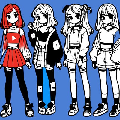 one girl with crop-top shirt and a jacket with a skirt, long socks and another girl with a shirt and pants with a jacket