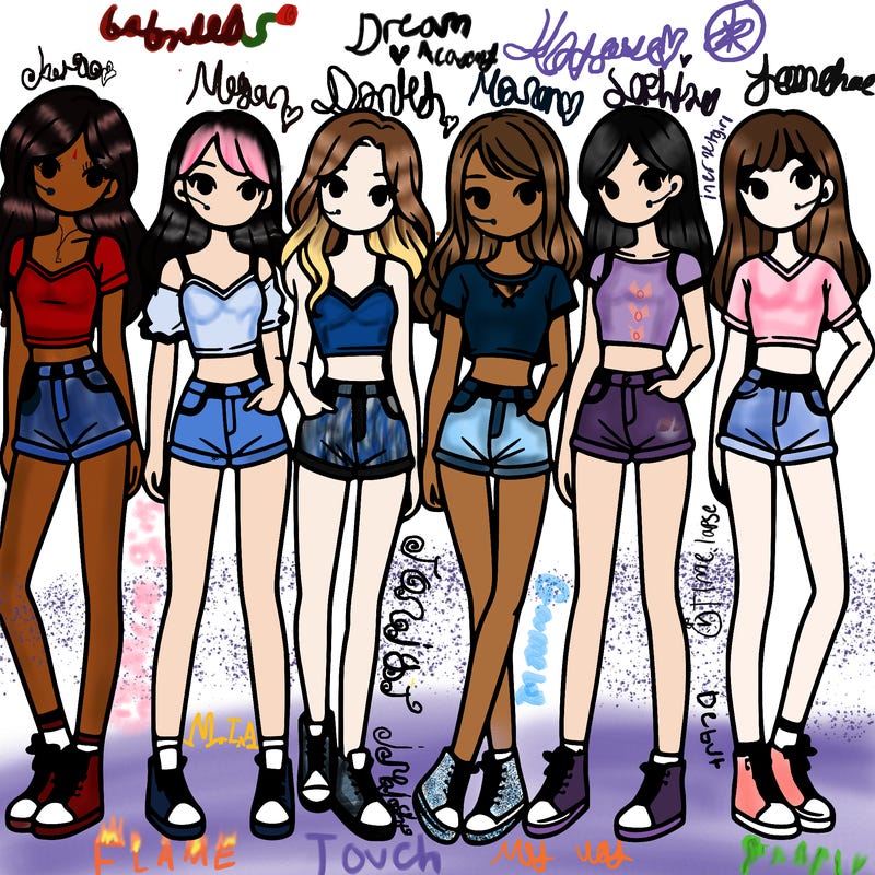 a group of girls wearing crop tops and shorts