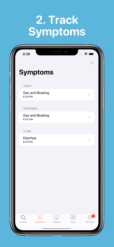 Smartphone screen displaying the symptom tracking feature of the Low FODMAP diet app with logs for gas and bloating.