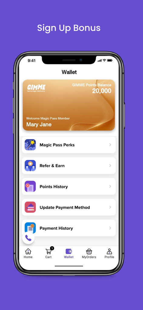 GIMME Drinks app wallet showing loyalty points and membership status.