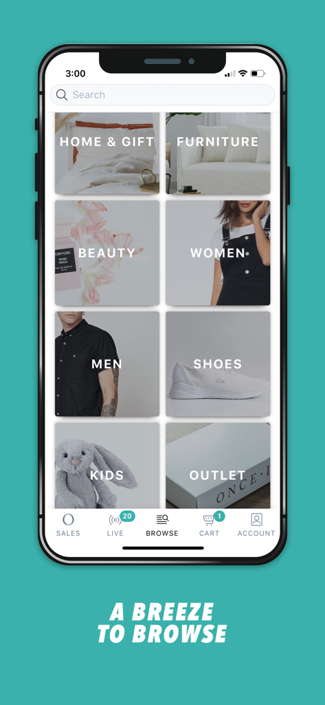 Onceit app browse screen showing shopping categories including home, furniture, beauty, and fashion.