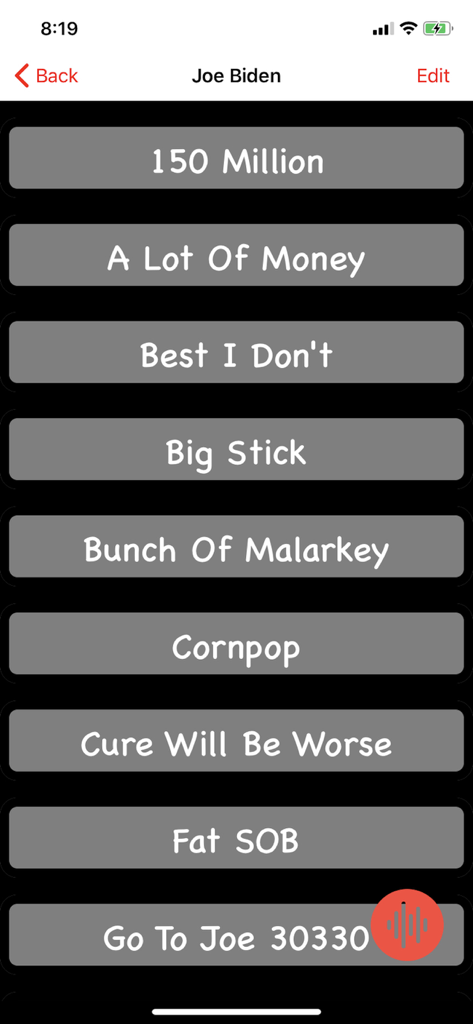 Gaffe: Political Soundboard - Screenshot of the Gaffe app soundboard for Joe Biden featuring buttons for various famous quotes and gaffes like Cornpop and Bunch of Malarkey