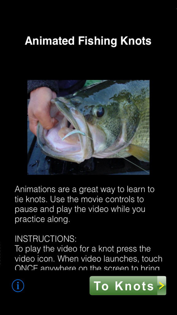 Animated Fishing Knots - Introductory screen of the Animated Fishing Knots app showing a fish with a hook and instructional text.