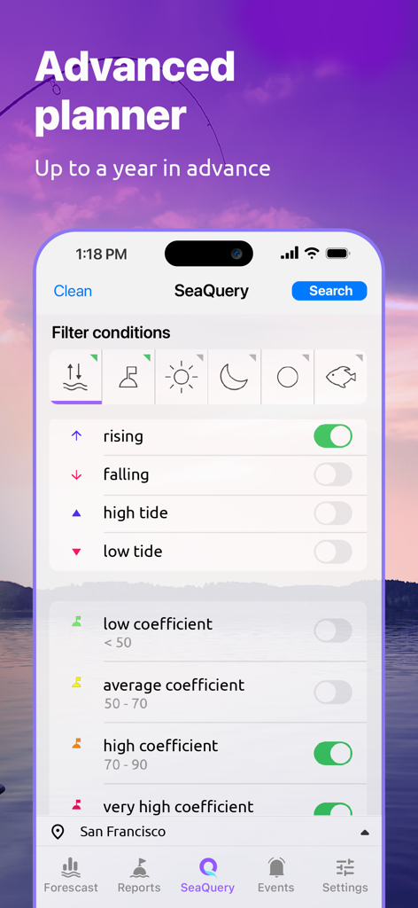 Nautide: Tides, Wind, Waves + - Nautide app SeaQuery screen showing advanced marine planning and tide filters