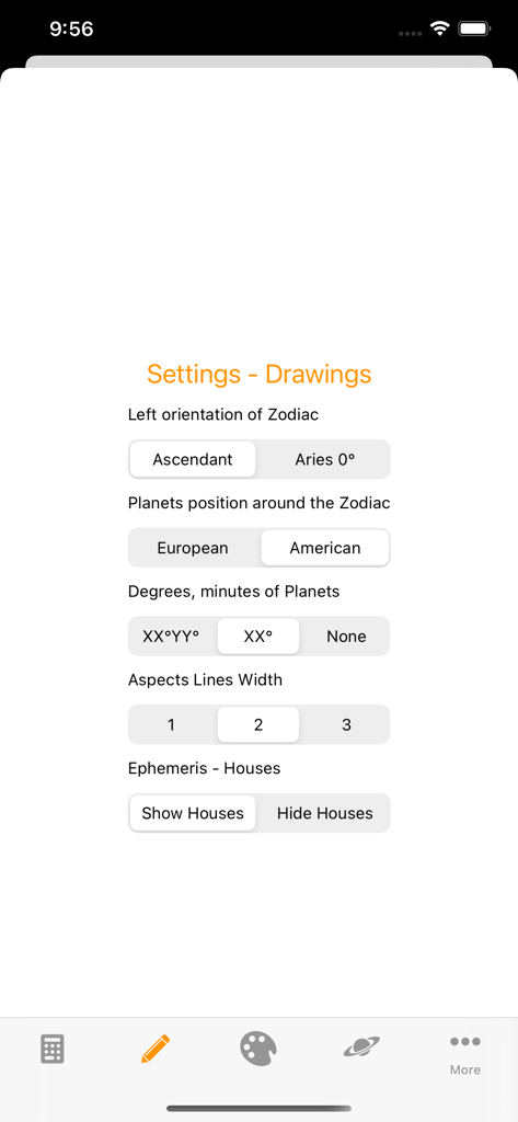 Olympia Astrology - 黄道帯の向きと惑星位置表示のチャート描画設定を示すOlympia Astrologyアプリのインターフェース。