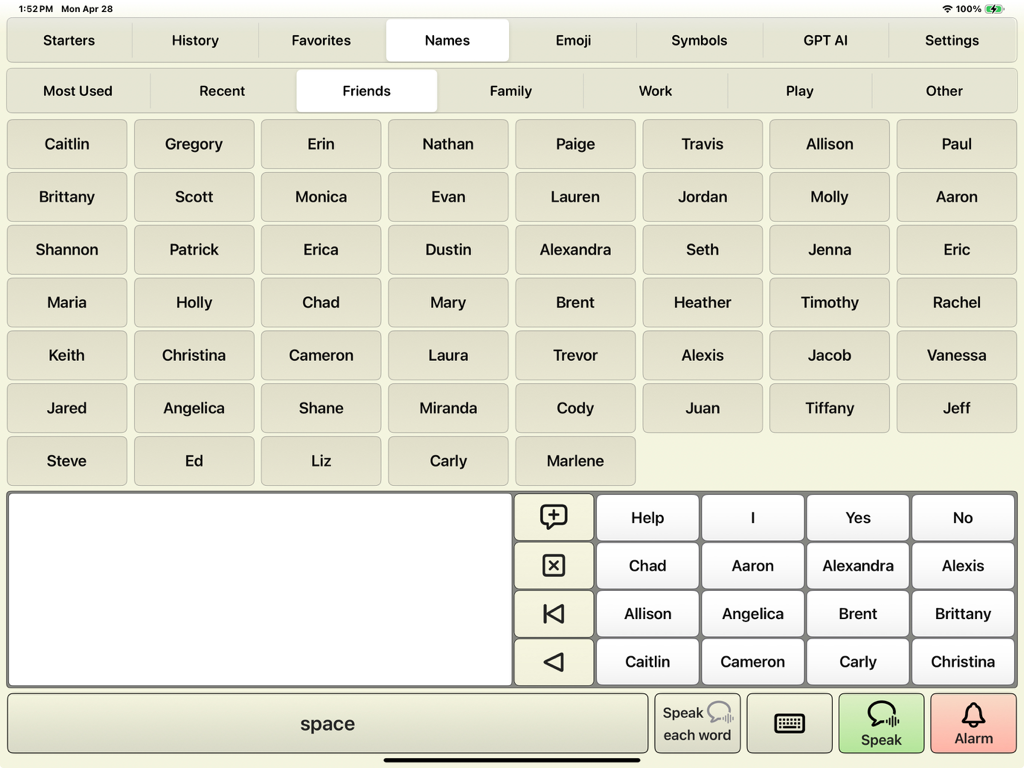 AI Communicator - AI Communicator iPad app interface showing a grid of names under the friends category for speech assistance