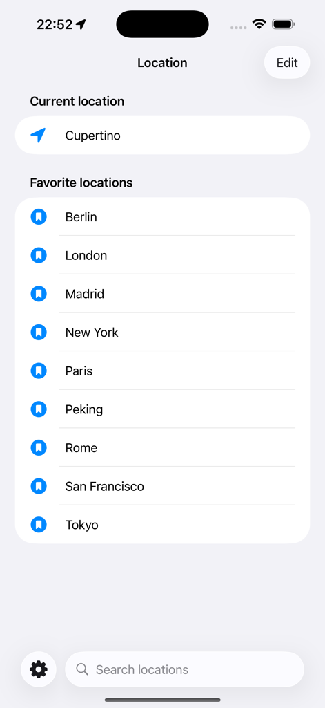 Moon Phases - Lunar Calendar - The favorite locations screen in the Moon Phases app showing a list of global cities for lunar tracking