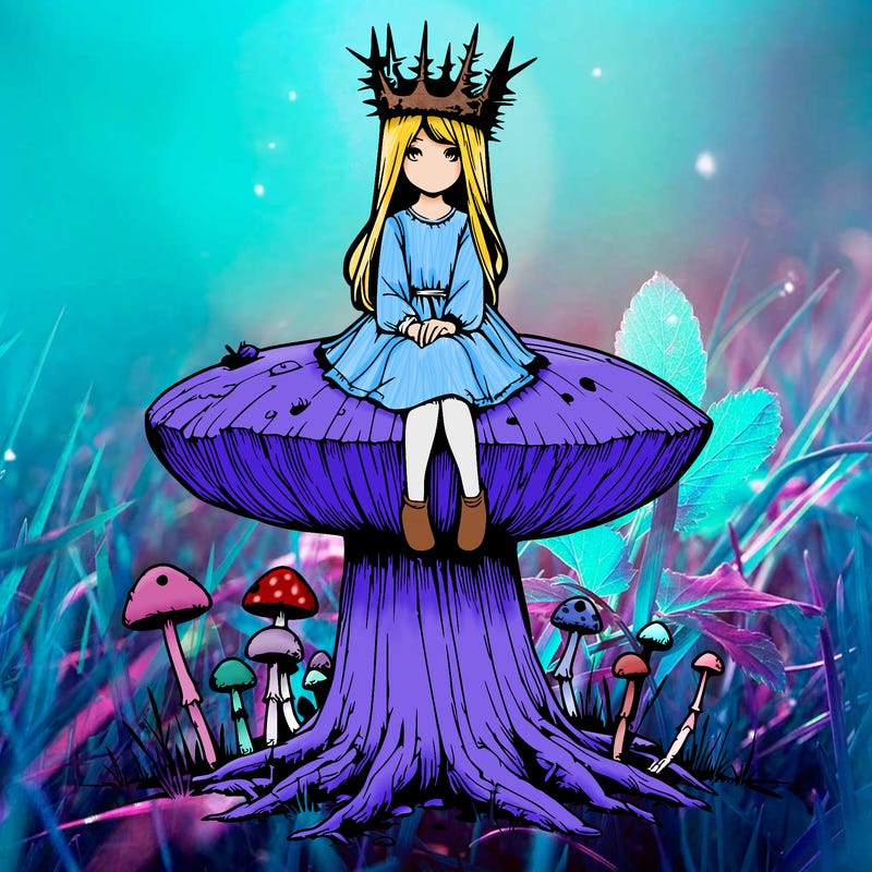 realistic girl sitting on a huge tree stump size toadstool with thorn crown