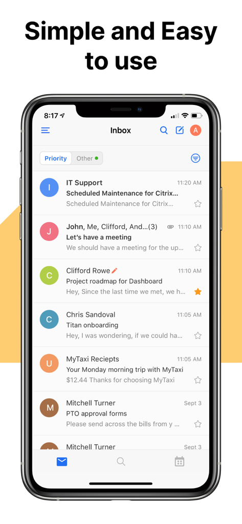 Titan Email app mobile inbox interface showing a clean and professional design with simple navigation