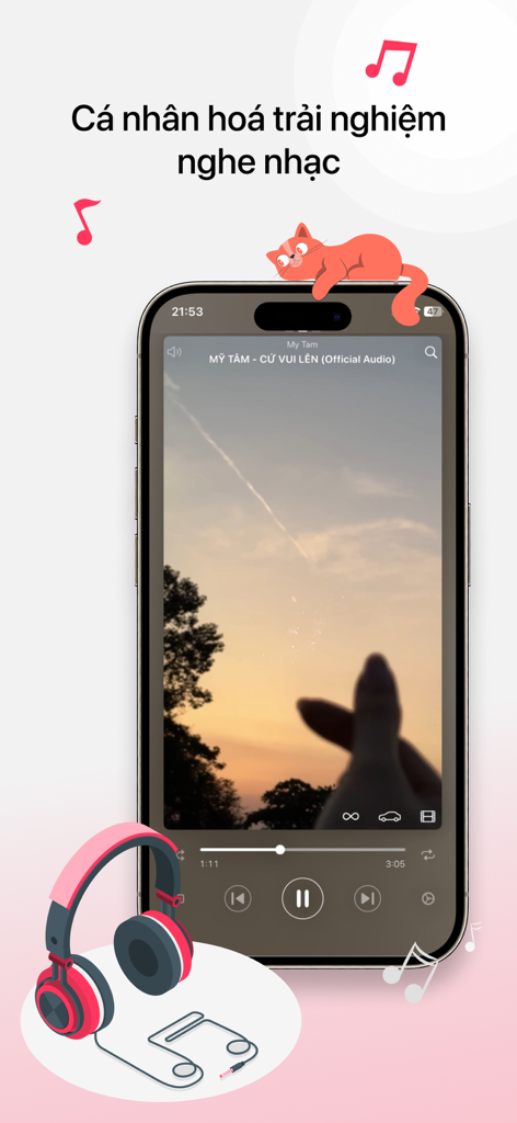 9Tube app screenshot showing a personalized music and video player interface with headphones and a cat illustration