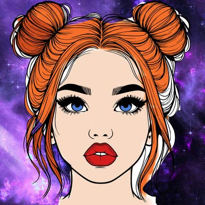 realistic girl with two buns on her hair and lips